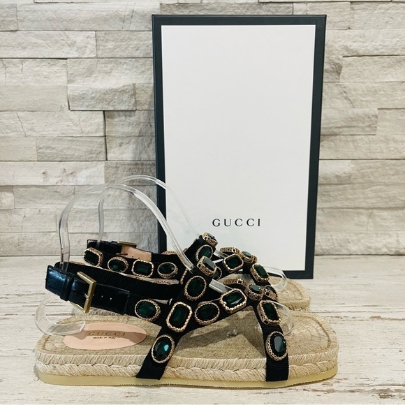 Gucci NEW SZ 36.5 Grosgrain Green Jewel Embellished Espadrille Flat Sandals - Picture 4 of 16